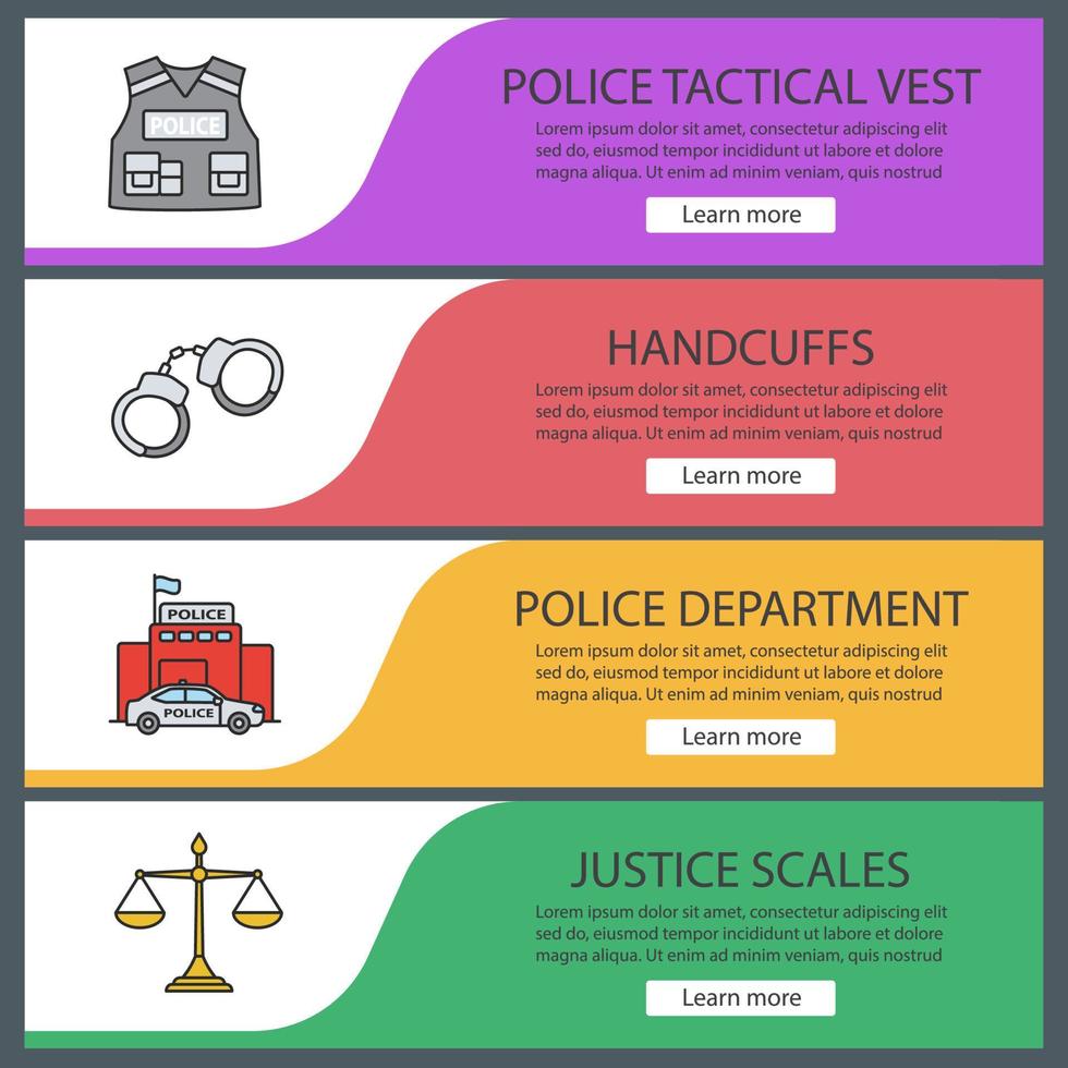 set di modelli di banner web della polizia. giubbotto antiproiettile, manette, dipartimento di polizia, bilancia della giustizia. voci di menu a colori del sito Web. concetti di progettazione di intestazioni vettoriali