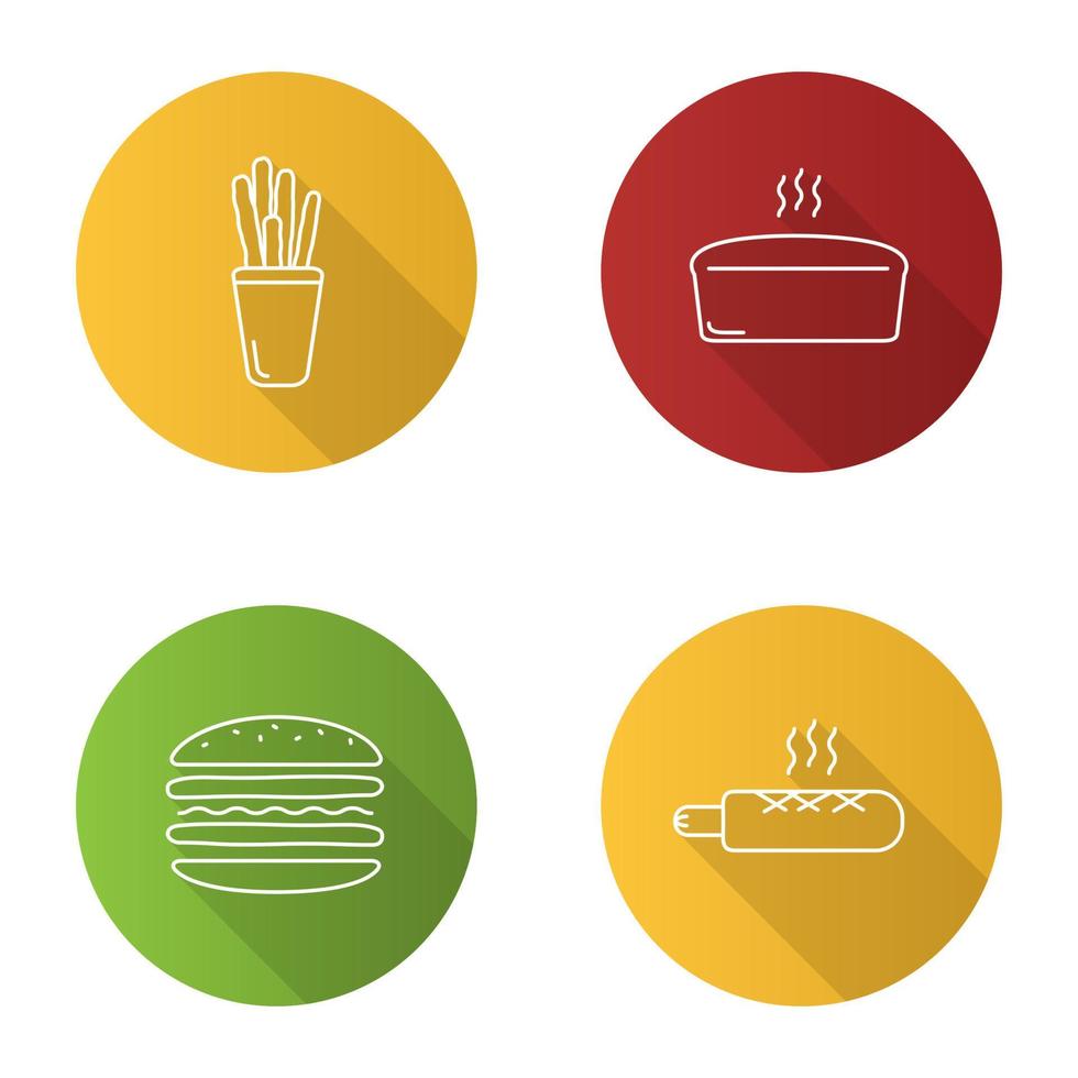 set di icone lineari lunghe ombra da forno. grissini, pagnotta di pane, hamburger, hot dog francese. illustrazione del contorno vettoriale