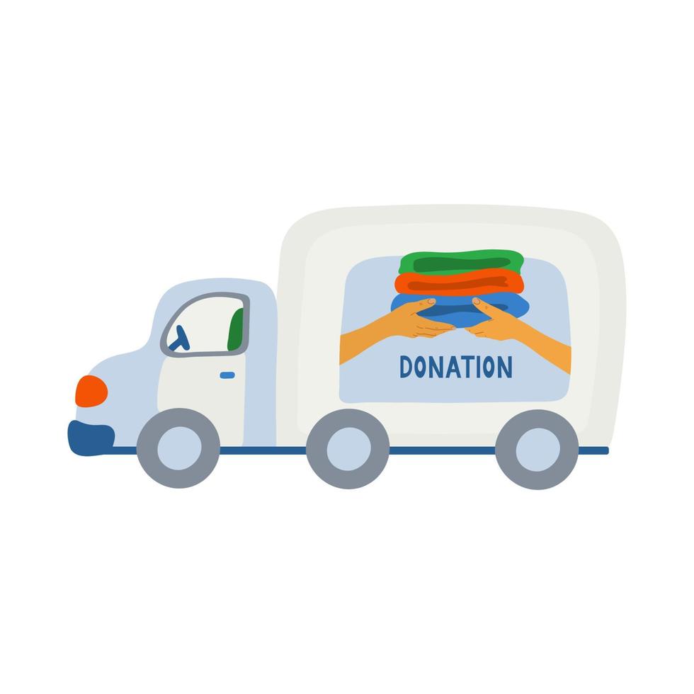 un camion con un logo di beneficenza. servizio di raccolta delle donazioni. illustrazione disegnata a mano e scritte isolate su sfondo bianco. vettore