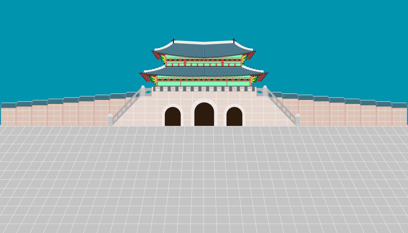 vista posteriore cancello di gwanghwamun e parete lunga e ampio cortile al palazzo gyeongbokgung a seoul corea del sud illustrazione vettoriale eps10