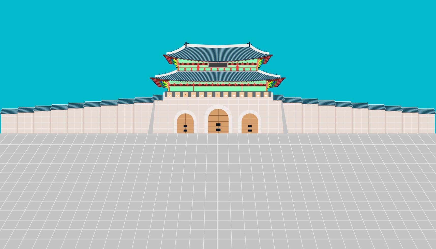 cancello gwanghwamun e lungo muro e ampio cortile al palazzo gyeongbokgung a seoul corea del sud. illustrazione vettoriale eps10