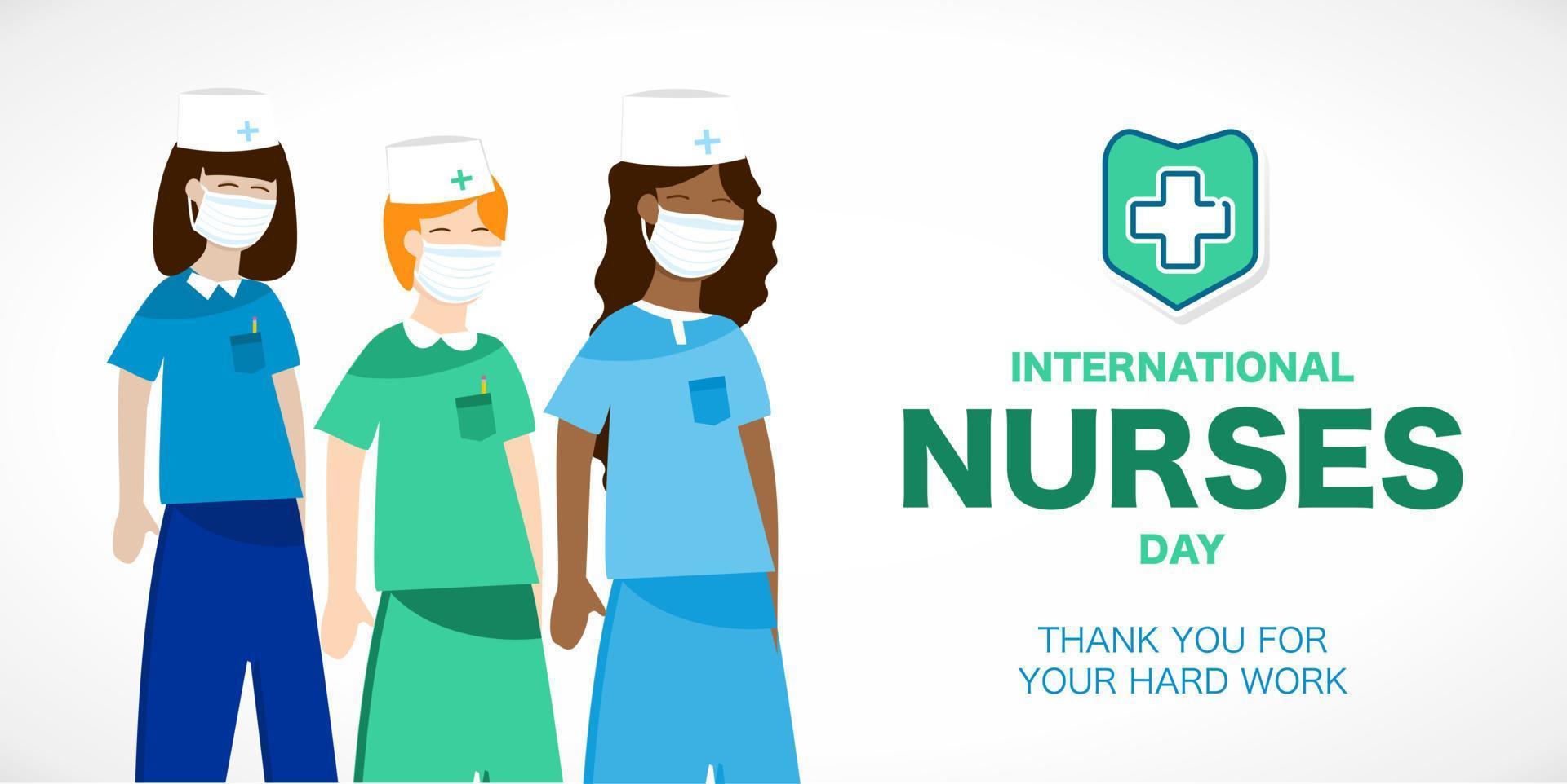 giornata internazionale dell'infermiere. cartolina, striscione per le vacanze. illustrazione vettoriale. medicinali, mascherine, operatori sanitari. vettore