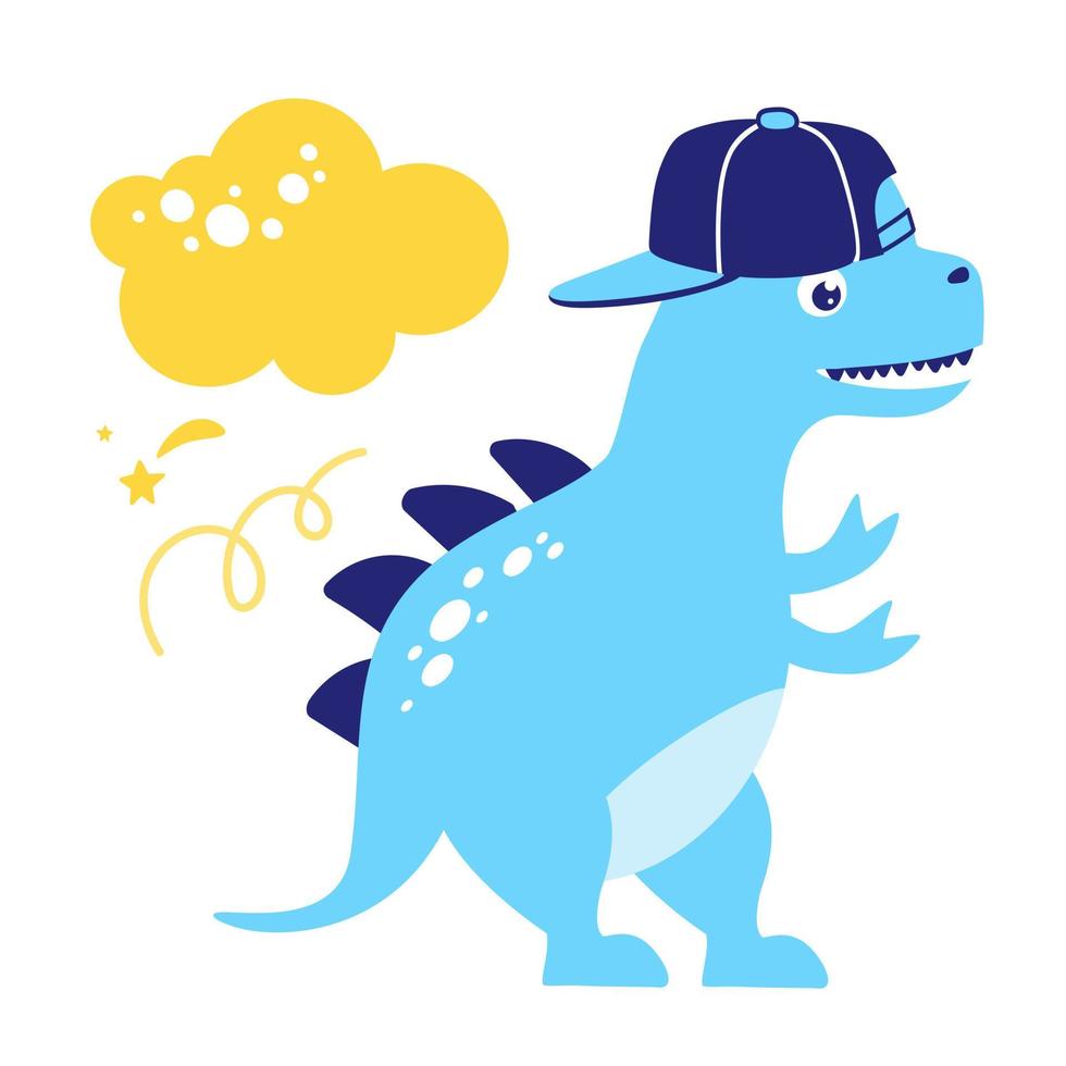 dinosauro in un berretto da baseball divertente isolato su uno sfondo bianco illustrazione vettoriale. in uno stile piatto per la stampa su tessuti e souvenir. vettore