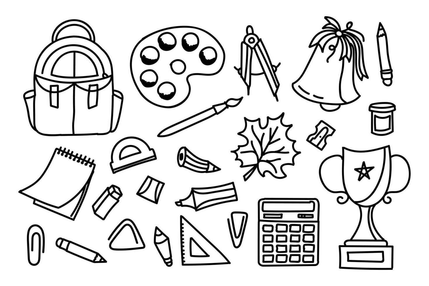 un set su un tema scolastico con materiale scolastico in stile doodle. vettore