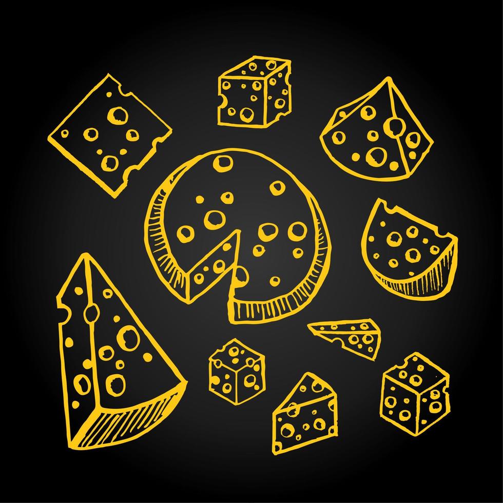 illustrazione vettoriale di un insieme di diversi pezzi di formaggio disegnati a mano su sfondo nero.