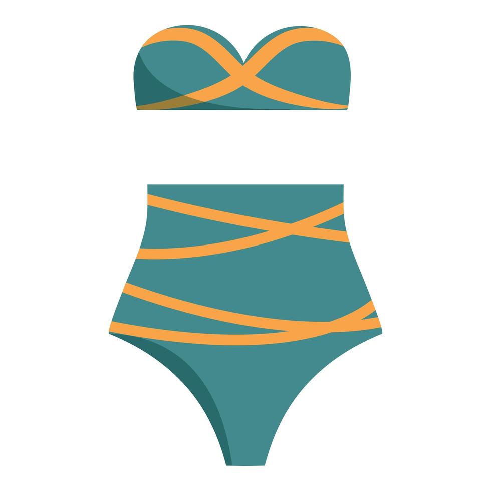 illustrazione vettoriale di costumi da bagno donna retrò nei colori blu e giallo. bikini costume da bagno abiti estivi in stile cartone animato piatto