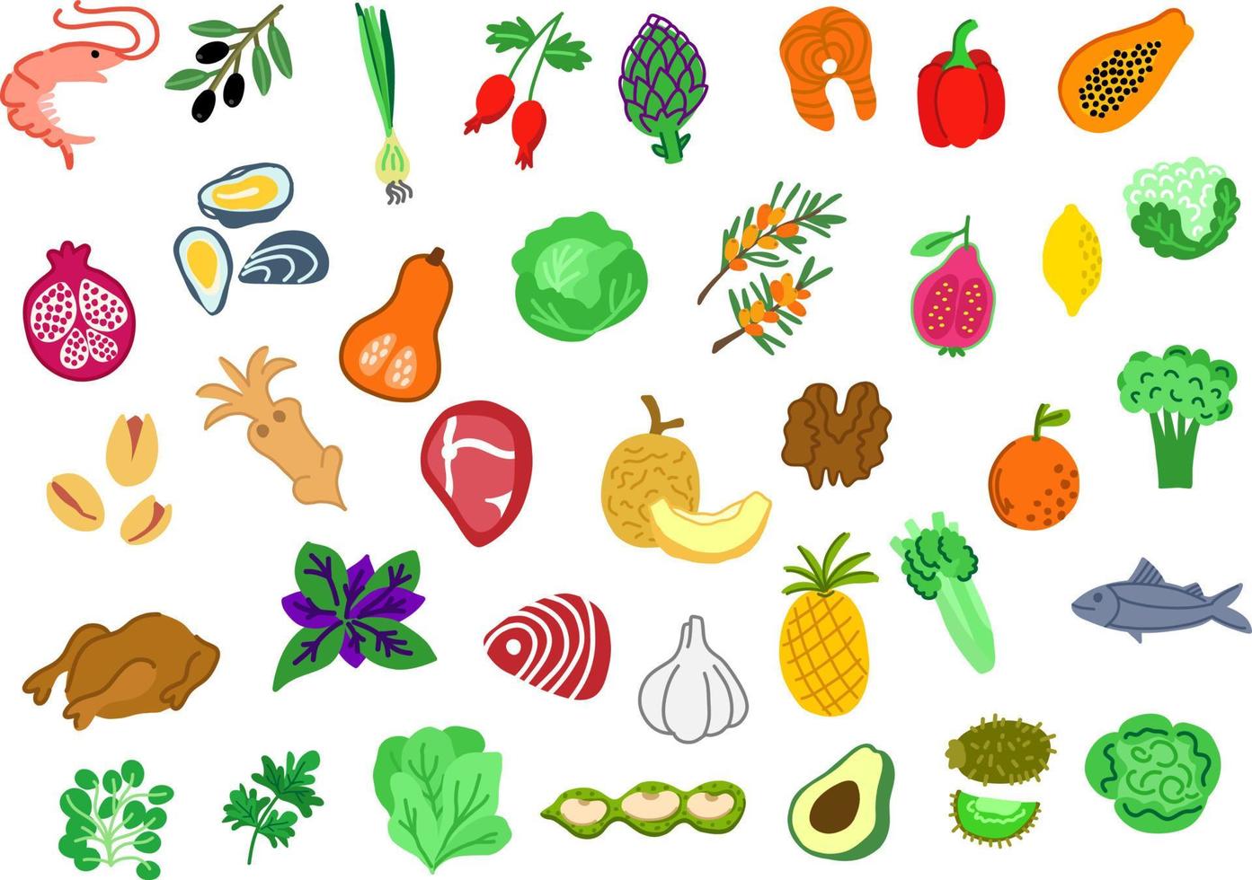 una raccolta di scarabocchi colorati di cibo disegnati a mano. set di verdure, frutta, carne, pesce. i prodotti biologici sono sani. stile semplice dei cartoni animati. clipart piatte isolate vettore