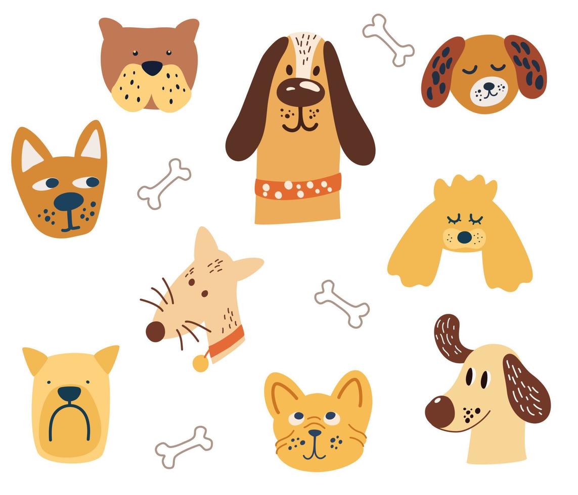 set di facce per cani. collezione di disegni di personaggi di cani o cuccioli dei cartoni animati. adorabili animali da compagnia divertenti. perfetto per il design, il tessuto, l'imballaggio, la carta da parati, i tessuti, l'abbigliamento per bambini. illustrazione vettoriale