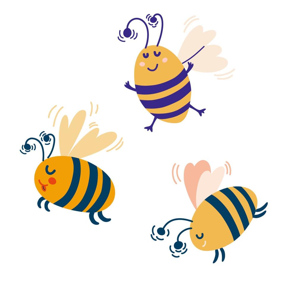 api carine. personaggio dei cartoni animati di insetti. api mellifere. perfetto per bambini, stampa e cartoline. illustrazione del fumetto vettoriale isolata su sfondo bianco.