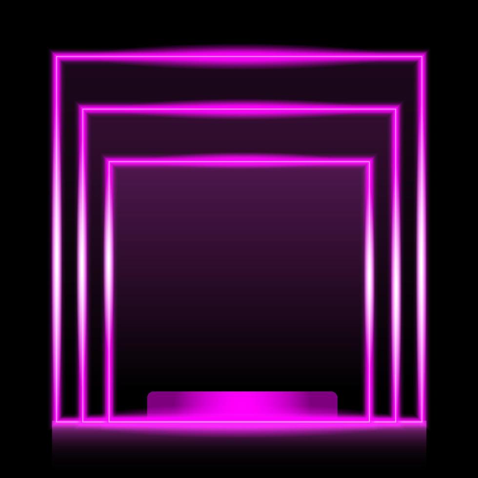 cornice luminosa al neon con prodotto da esposizione. rettangolo luminoso isolato su sfondo trasparente. vettore di segno modello realistico. brillante effetto di colore rosa.