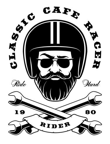 Motociclista con barba e chiavi incrociate vettore
