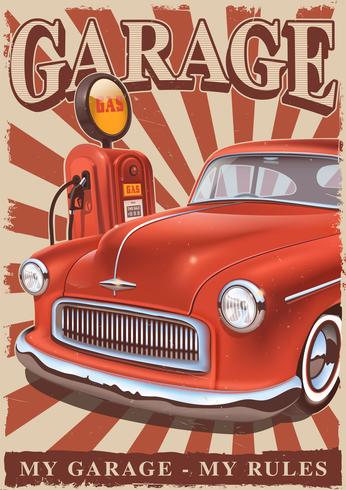 Poster vintage con auto d&#39;epoca e vecchia pompa di benzina. vettore