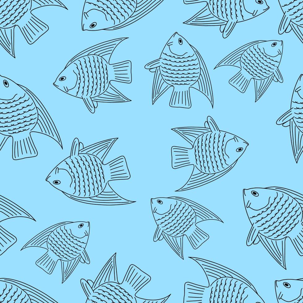 modello senza cuciture con fish.nautical theme.doodle style.blue background.black outline.vector illustrazione. vettore