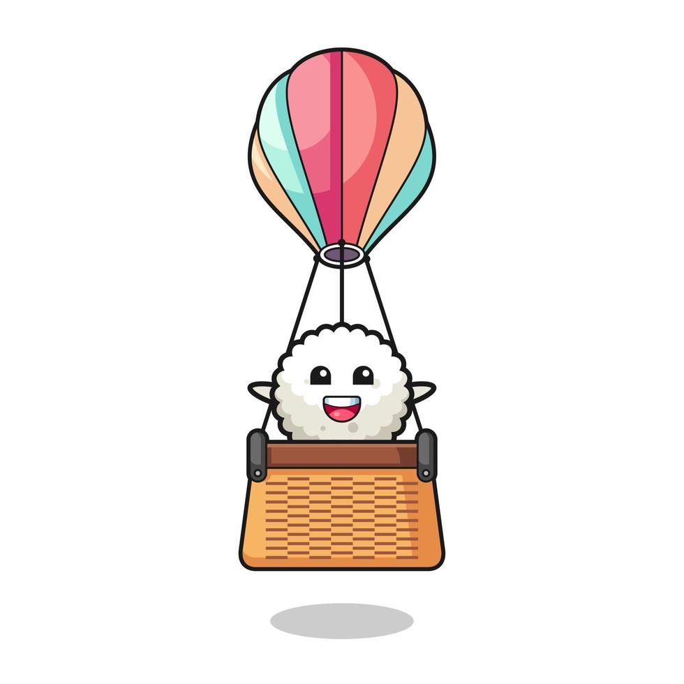 mascotte della palla di riso in sella a una mongolfiera vettore