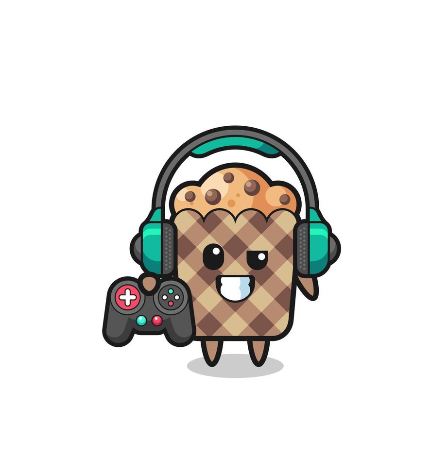 mascotte del giocatore di muffin che tiene un controller di gioco vettore
