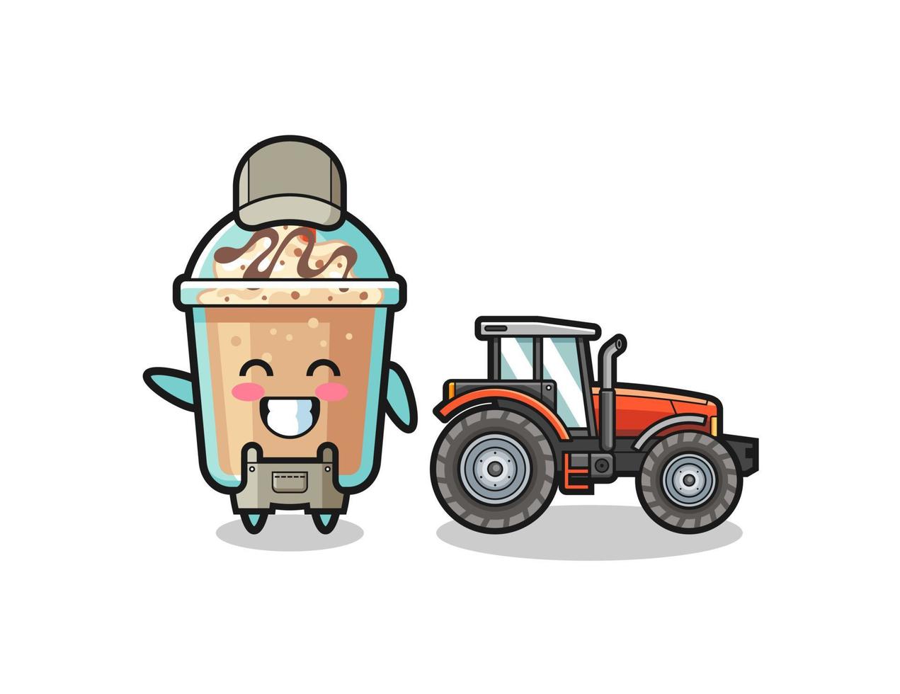 la mascotte del contadino del milkshake in piedi accanto a un trattore vettore