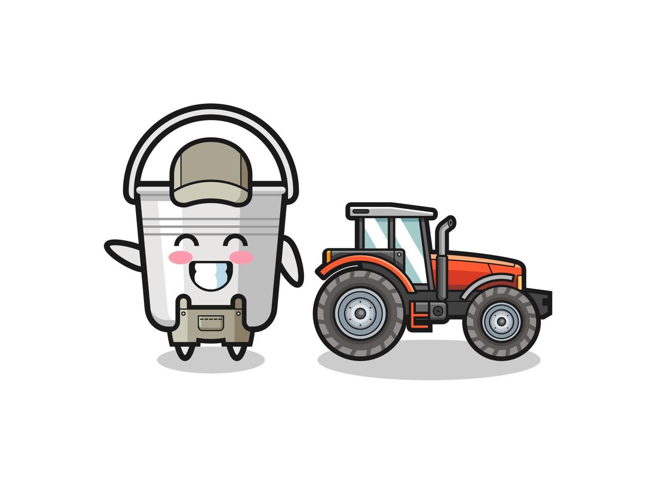 la mascotte dell'agricoltore del secchio di metallo in piedi accanto a un trattore vettore