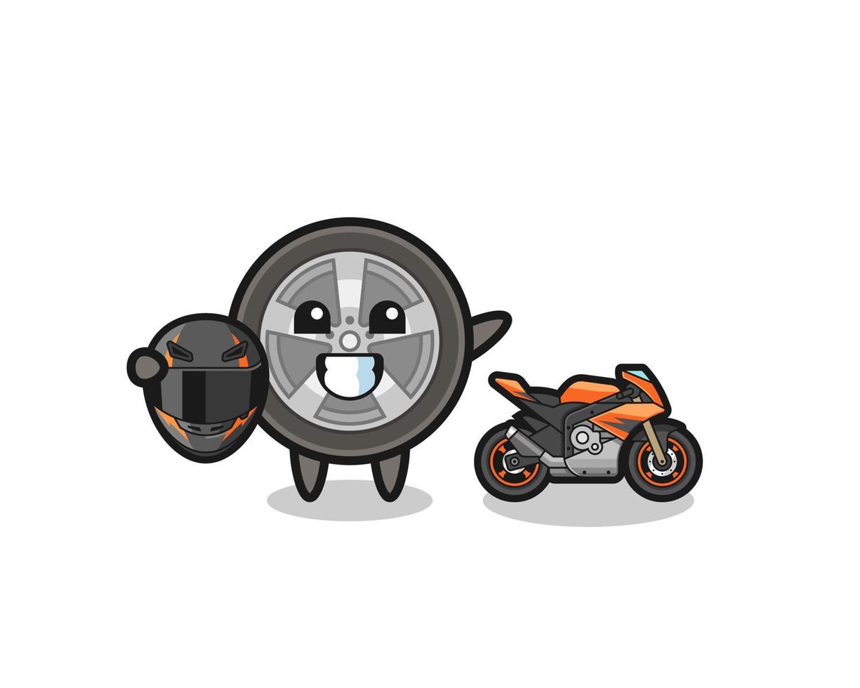 simpatico cartone animato con la ruota di un'auto come un pilota di motociclette vettore
