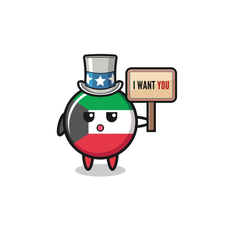 cartone animato della bandiera del kuwait come zio sam che tiene lo striscione ti voglio vettore