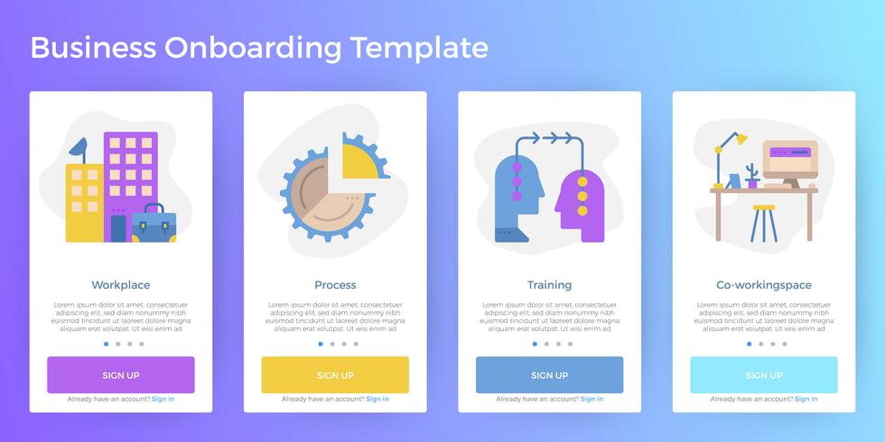 Modello di onboarding app per dispositivi mobili aziendali vettore