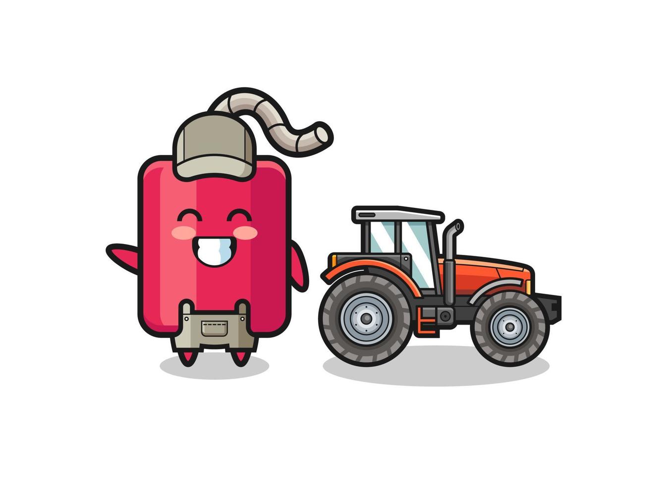 la mascotte dell'agricoltore dinamite in piedi accanto a un trattore vettore