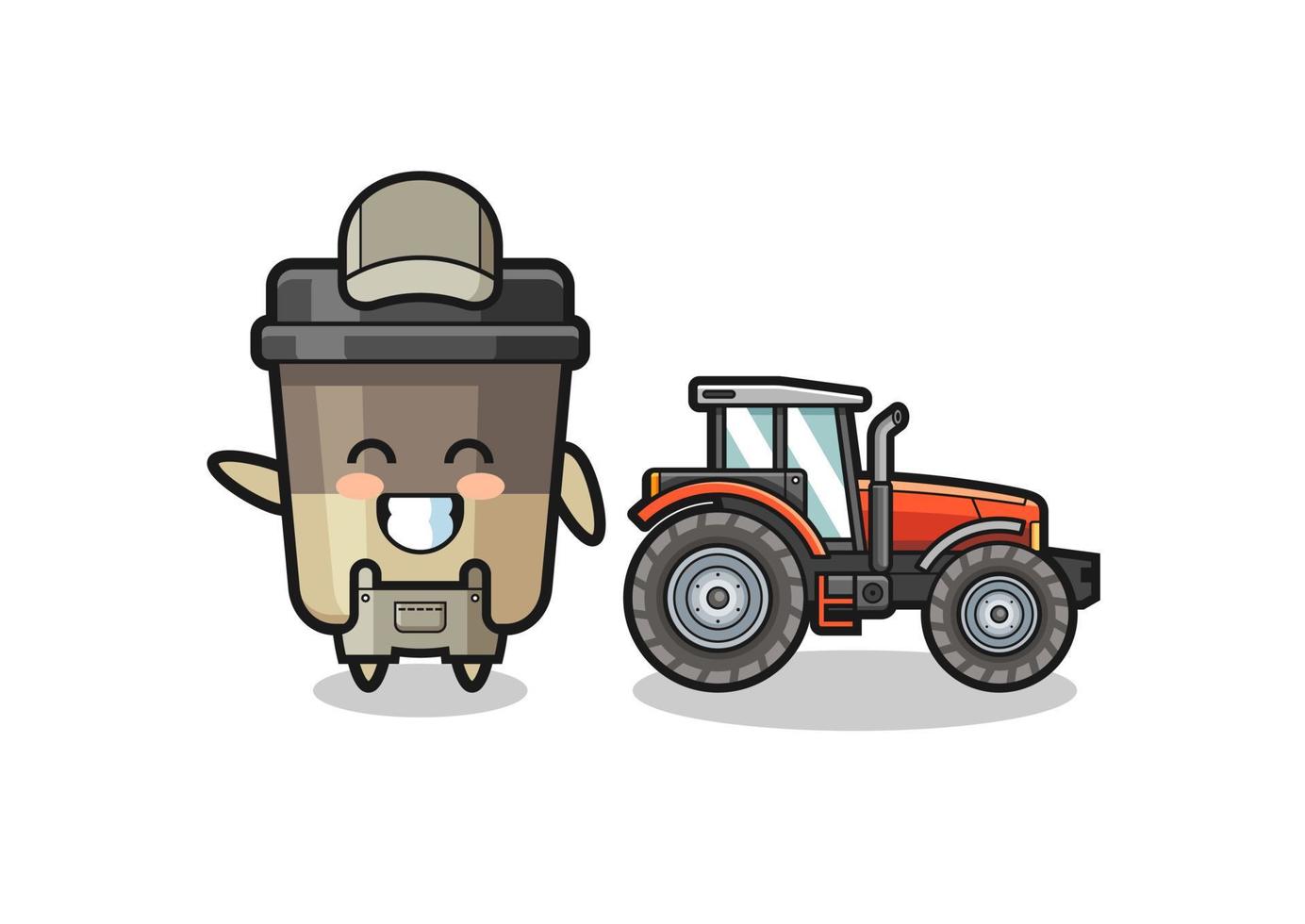 la mascotte del contadino della tazza di caffè in piedi accanto a un trattore vettore