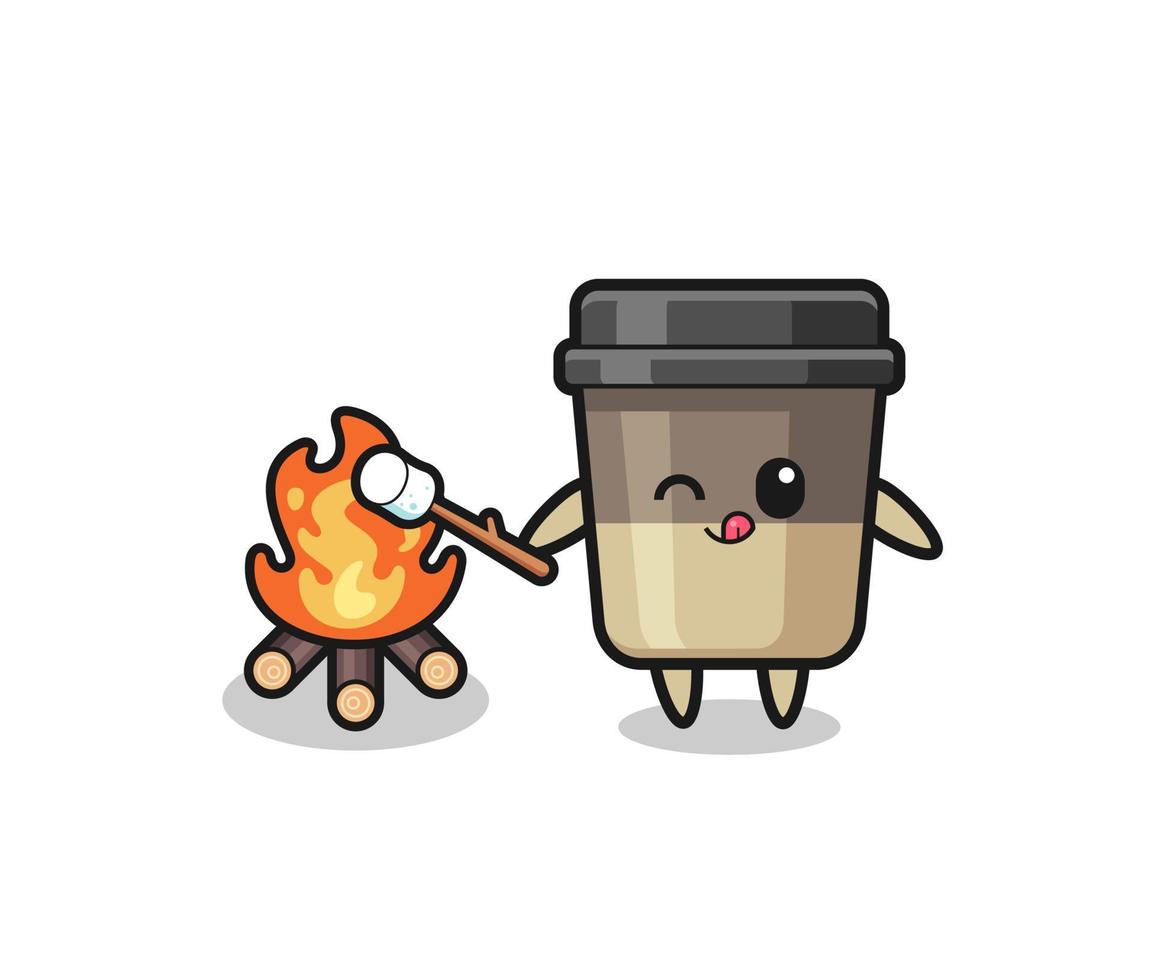 il personaggio della tazza di caffè sta bruciando marshmallow vettore