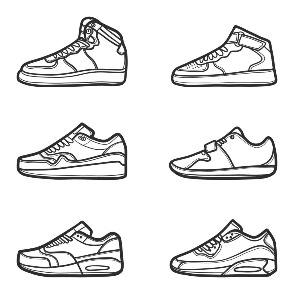 contorno di collezione di scarpe da ginnastica disegnate a mano. disegno vettoriale, collezione di scarpe da ginnastica linea nera. illustrazione vettoriale. vettore