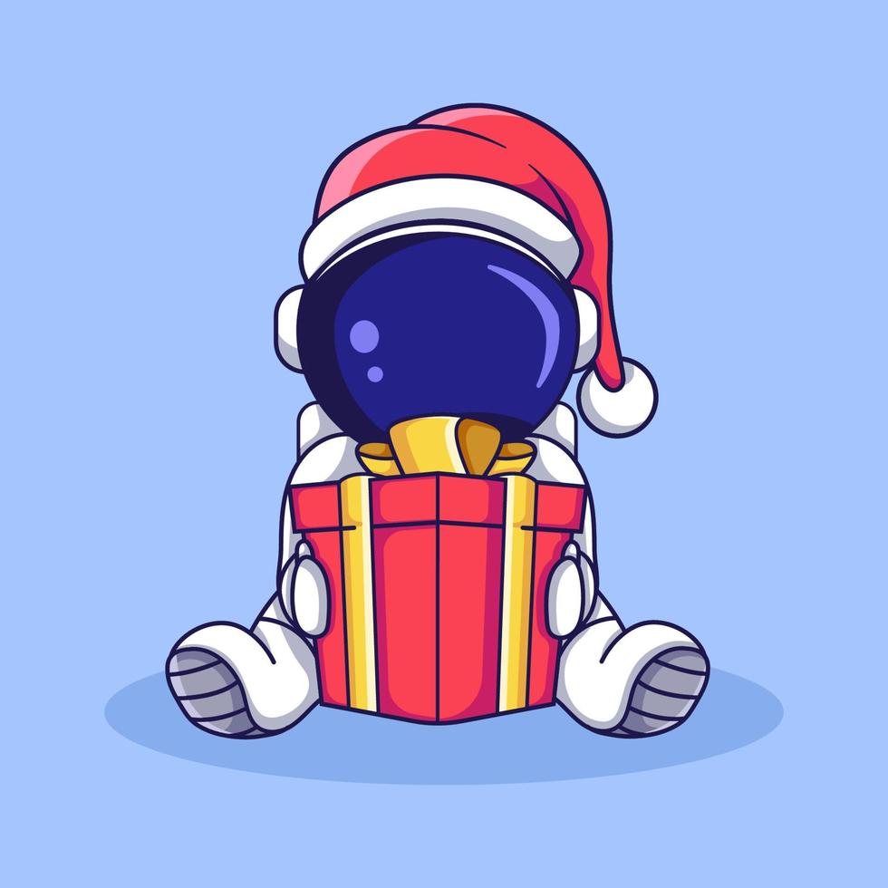 simpatico personaggio astronauta seduto con scatola regalo di natale. illustrazione in stile cartone animato piatto. vettore