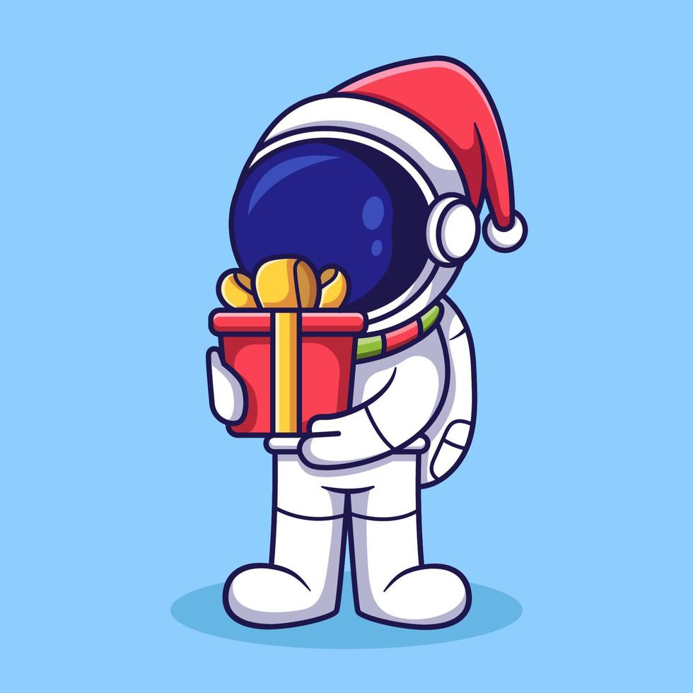 simpatico personaggio astronauta con confezione regalo di natale. illustrazione in stile cartone animato piatto. vettore