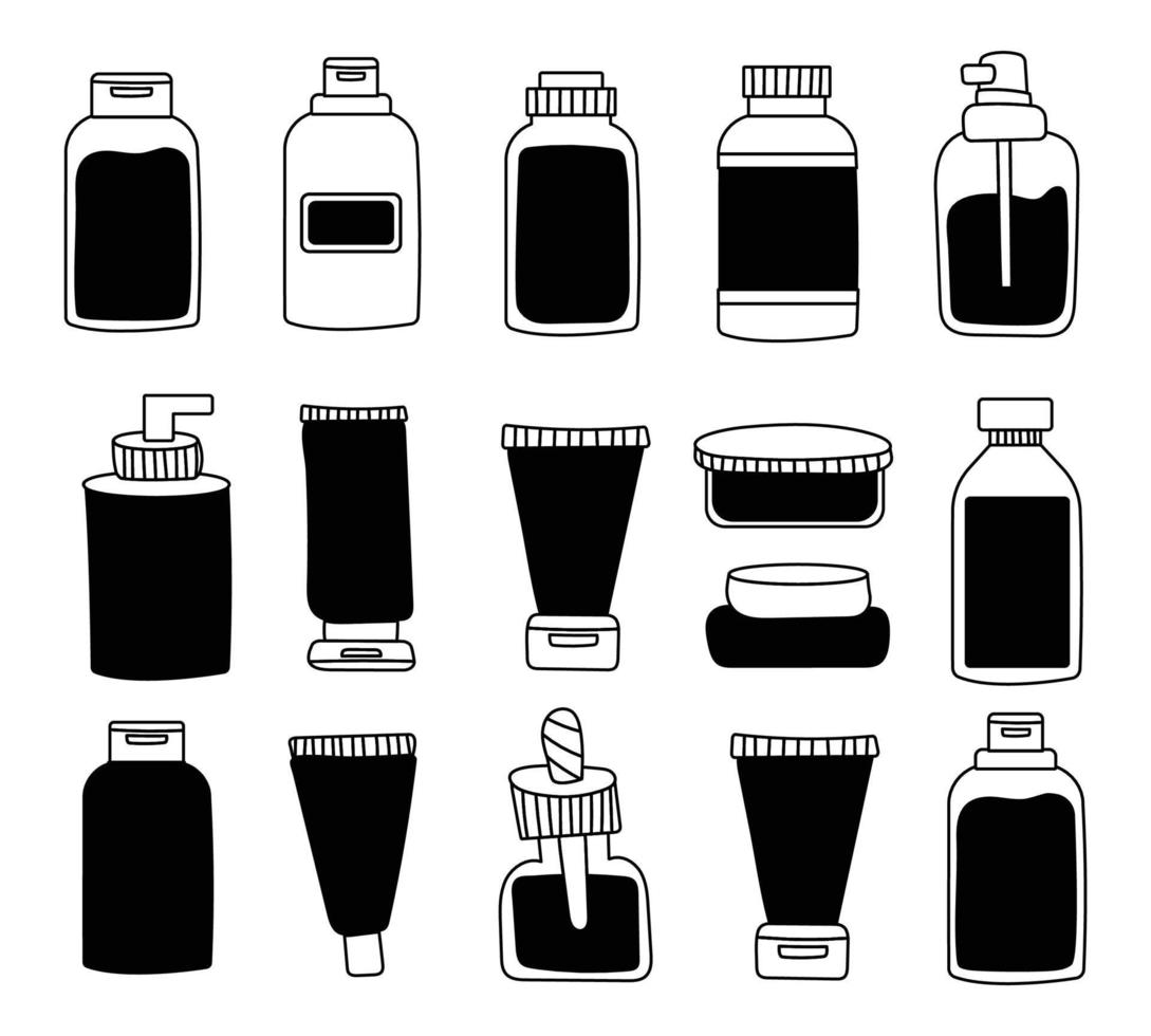 un set di flaconi e tubetti di cosmetici, vasetti per la cura della pelle con crema viso, capelli e corpo. stile alla moda per cartoline, banner, modelli di carta da imballaggio. illustrazione vettoriale tratto modificabile.