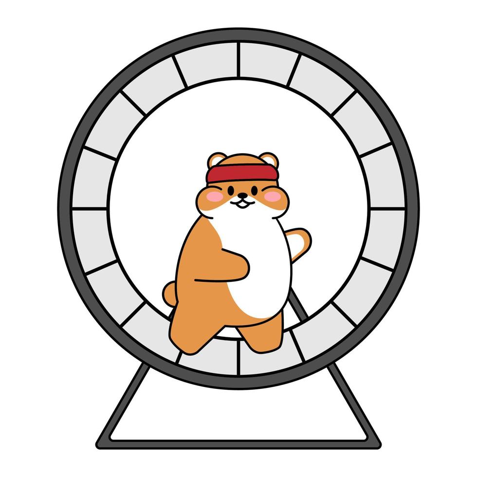 simpatico criceto disegnato. l'animale kawaii corre su una ruota. avatar mascotte divertente personaggio adesivo isolato su sfondo bianco. illustrazione di riserva di vettore