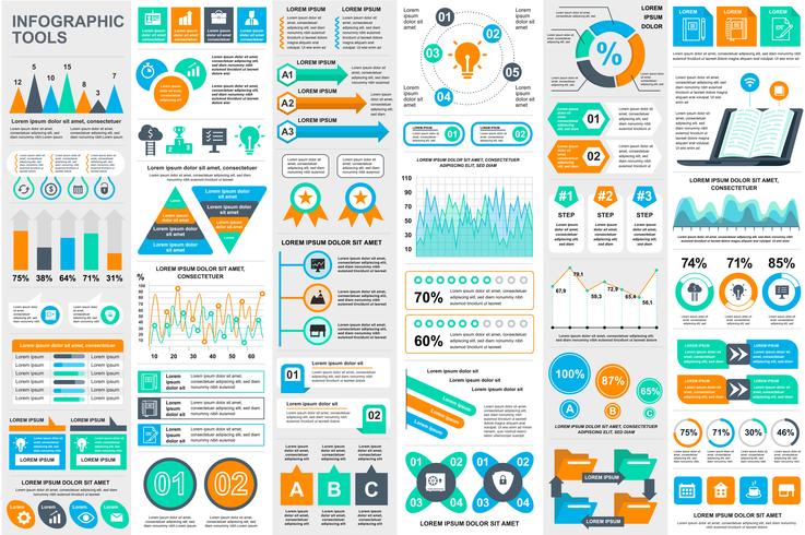 Modello di progettazione di vettore di visualizzazione di dati degli elementi di Infographic. Può essere utilizzato per passaggi, opzioni, processi aziendali, flusso di lavoro, diagramma, concetto di diagramma di flusso, cronologia, icone di marketing, gr