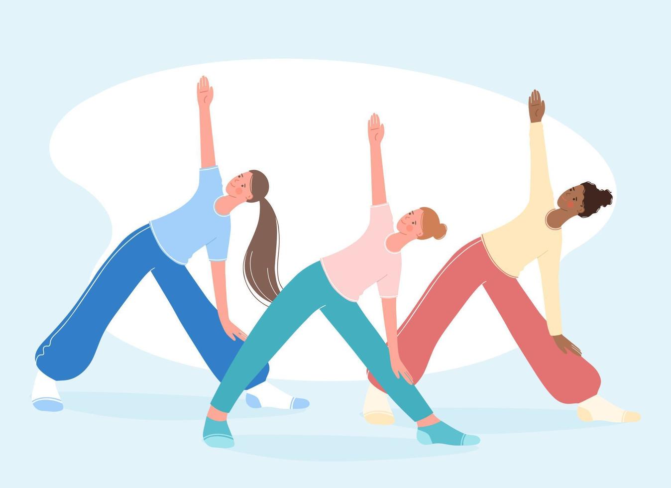 lezioni collettive di aerobica, fitness e yoga. le persone sono in piedi nella posa del triangolo trikonasana. concetto di stile di vita sano. vettore