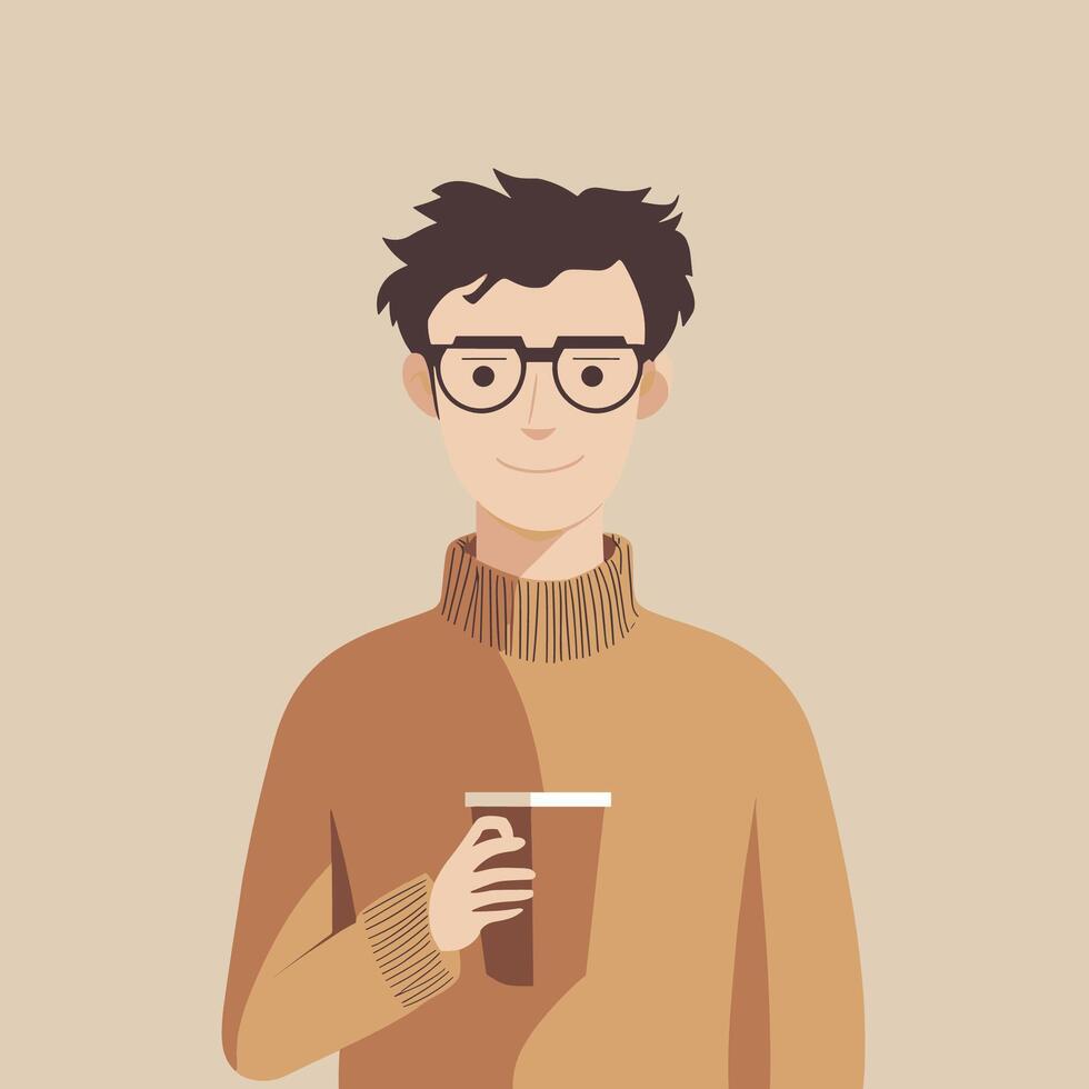 ritratto di un' giovane uomo con caffè nel mano, indossare un' dolcevita maglione. illustrazione. minimalista illustrazione . vettore