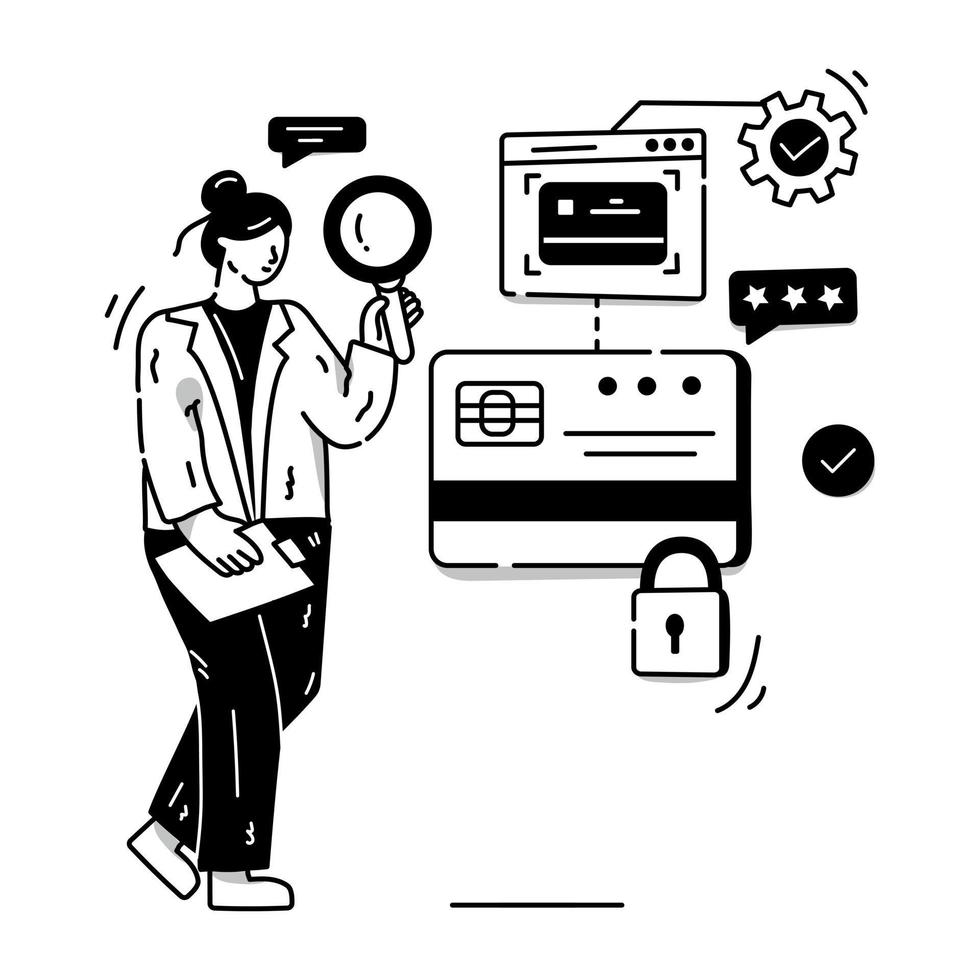 grafico dei dati di monitoraggio della persona con lente d'ingrandimento, illustrazione disegnata a mano del test digitale vettore