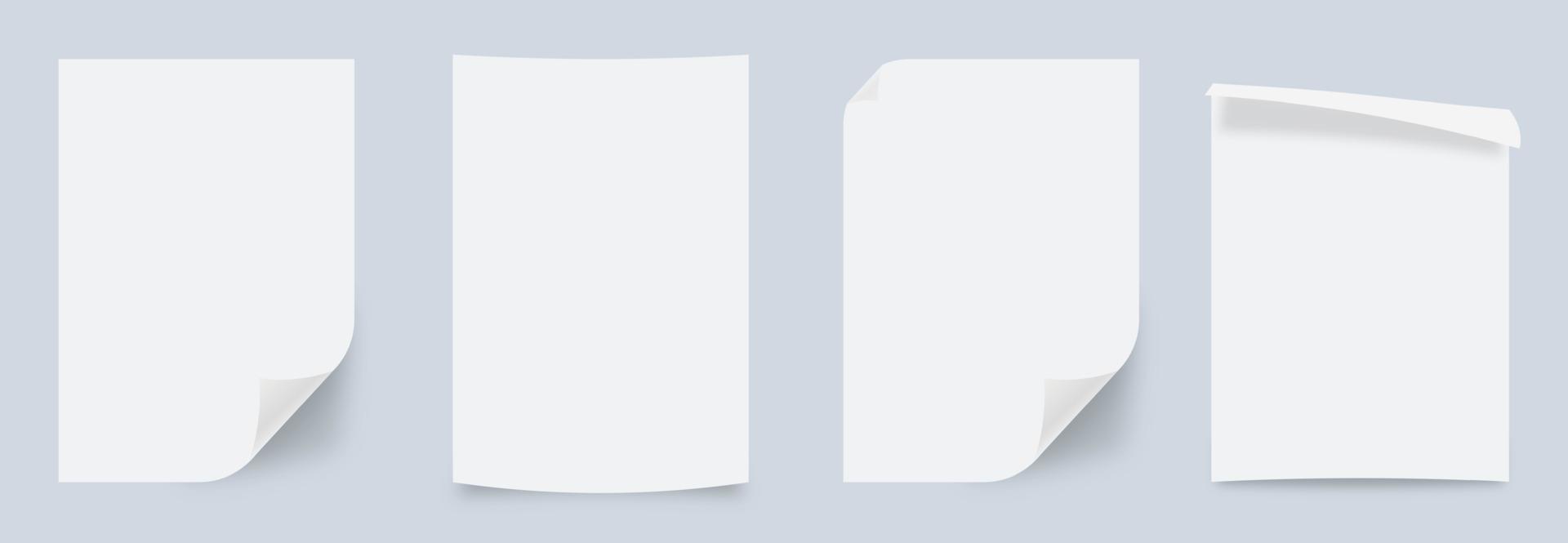 raccolta vettoriale di pagine di carta vuote piegate realistiche. effetto rugoso di carta incollata, sfondo realistico vettoriale. angolo di carta verticale bianco vettoriale arrotolato.