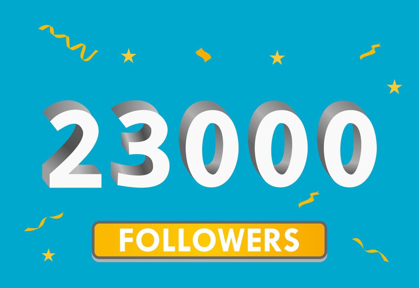 illustrazione numeri 3d per i social media 23k Mi piace grazie, celebrando i fan degli abbonati. banner con 23000 follower vettore