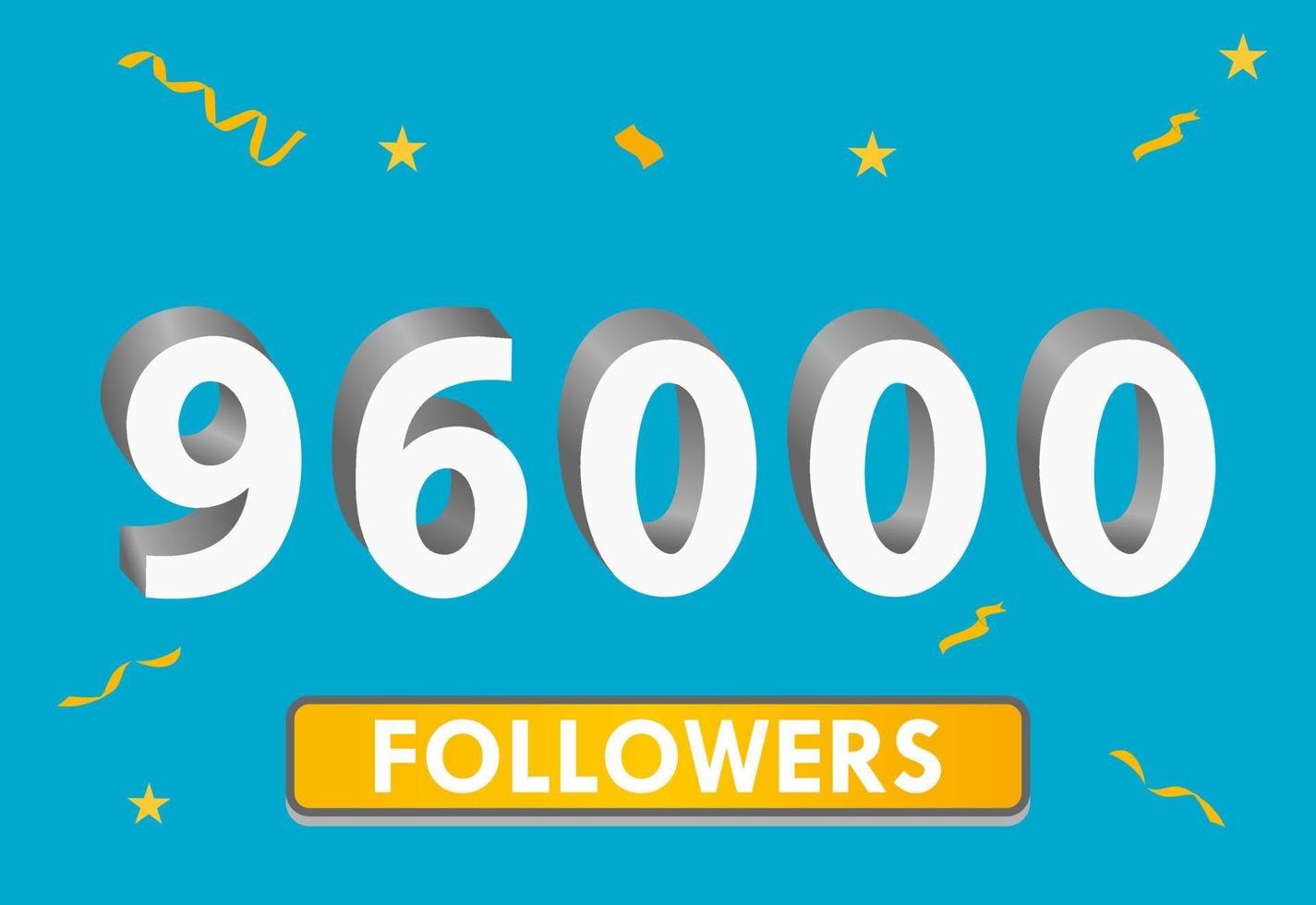 illustrazione numeri 3d per i social media 96k mi piace grazie, celebrando i fan degli abbonati. banner con 96000 follower vettore