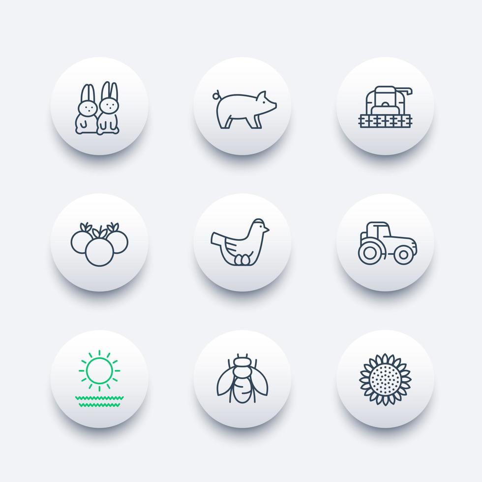 fattoria, icone della linea ranch, trattore, mietitrice, gallina, maiale, raccolto, verdure icone moderne, illustrazione vettoriale