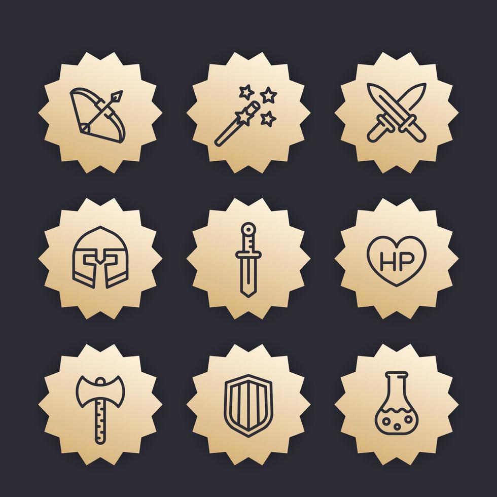 set di icone della linea di gioco, rpg, oggetti di fantasia, spade, ascia, bacchetta magica, cavaliere, arco, elmo, pozione vettore