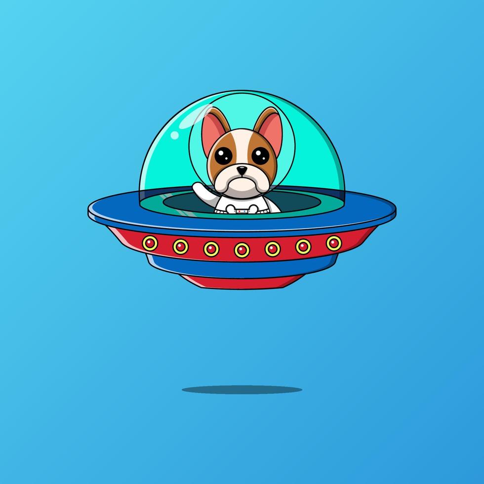 carino Boston terrier cane guida astronave ufo, illustrazione vettoriale eps.10