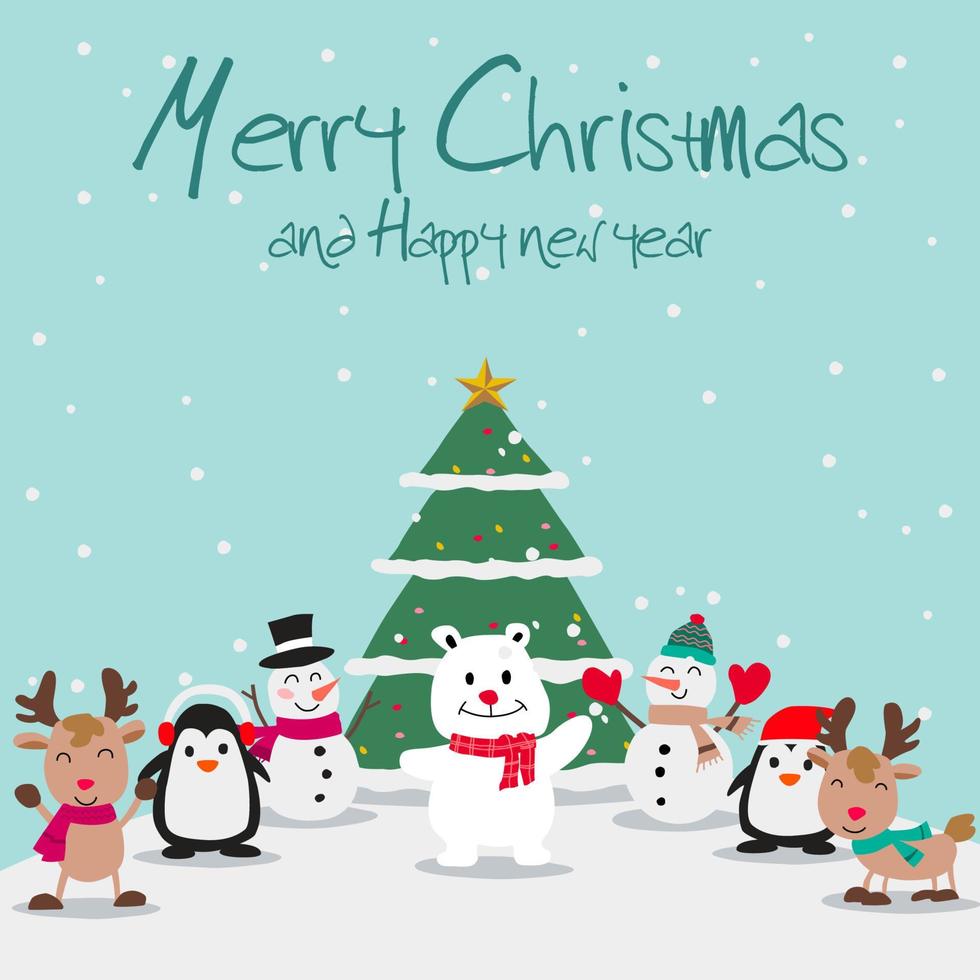 animali e pupazzo di neve si divertono con la notte di Natale, festa della felicità di tutti vettore
