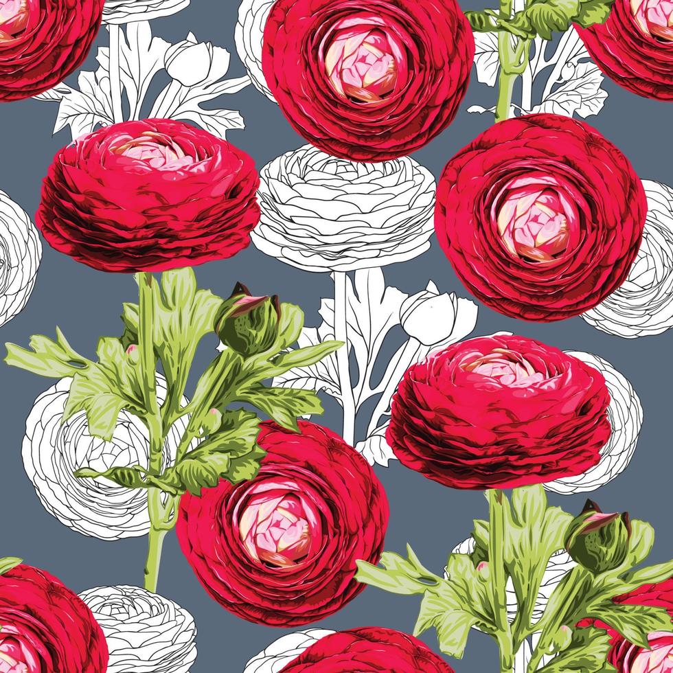 motivo floreale senza cuciture con fiori di ranuncolo rosso persiano sfondo astratto.illustrazione vettoriale disegnata a mano.tessuto motivo tessile stampa design