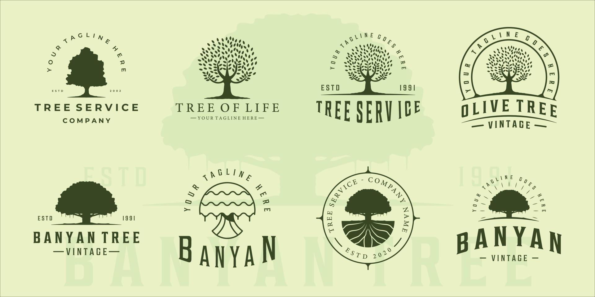 set di oliva o albero di banyan logo vintage illustrazione vettoriale modello icona graphic design. raccolta bundle retrò verde eco e ambiente vegetale natura segno o simbolo per azienda con tipografia