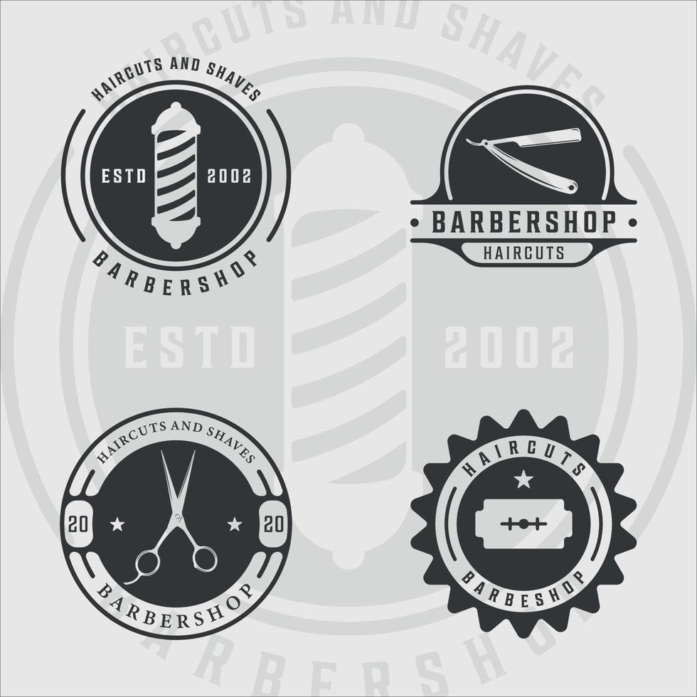 set di logo del negozio di barbiere illustrazione vettoriale vintage modello icona graphic design. raccolta in bundle di vari simboli di forbici e lamette con tipografia e badge retrò