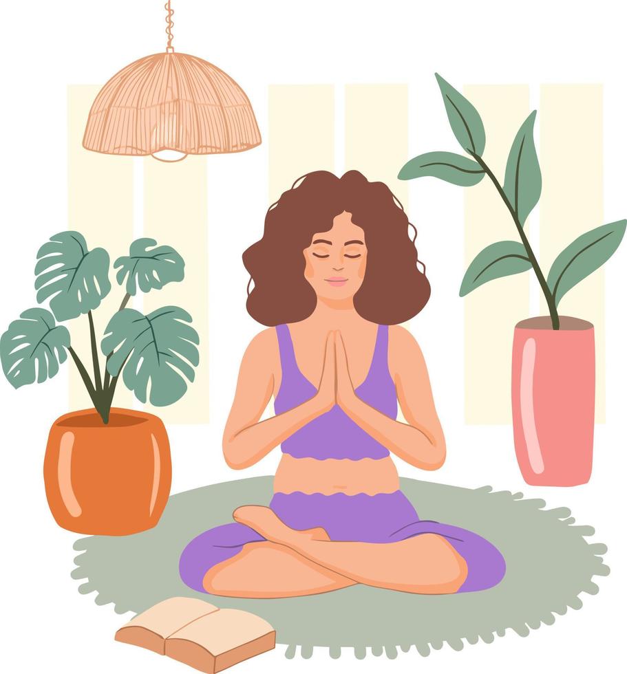 giovane donna seduta in posizione meditativa. ragazza che esegue yoga a casa. pratica spirituale per il benessere psicofisico. illustrazione vettoriale piatta in stile cartone animato.