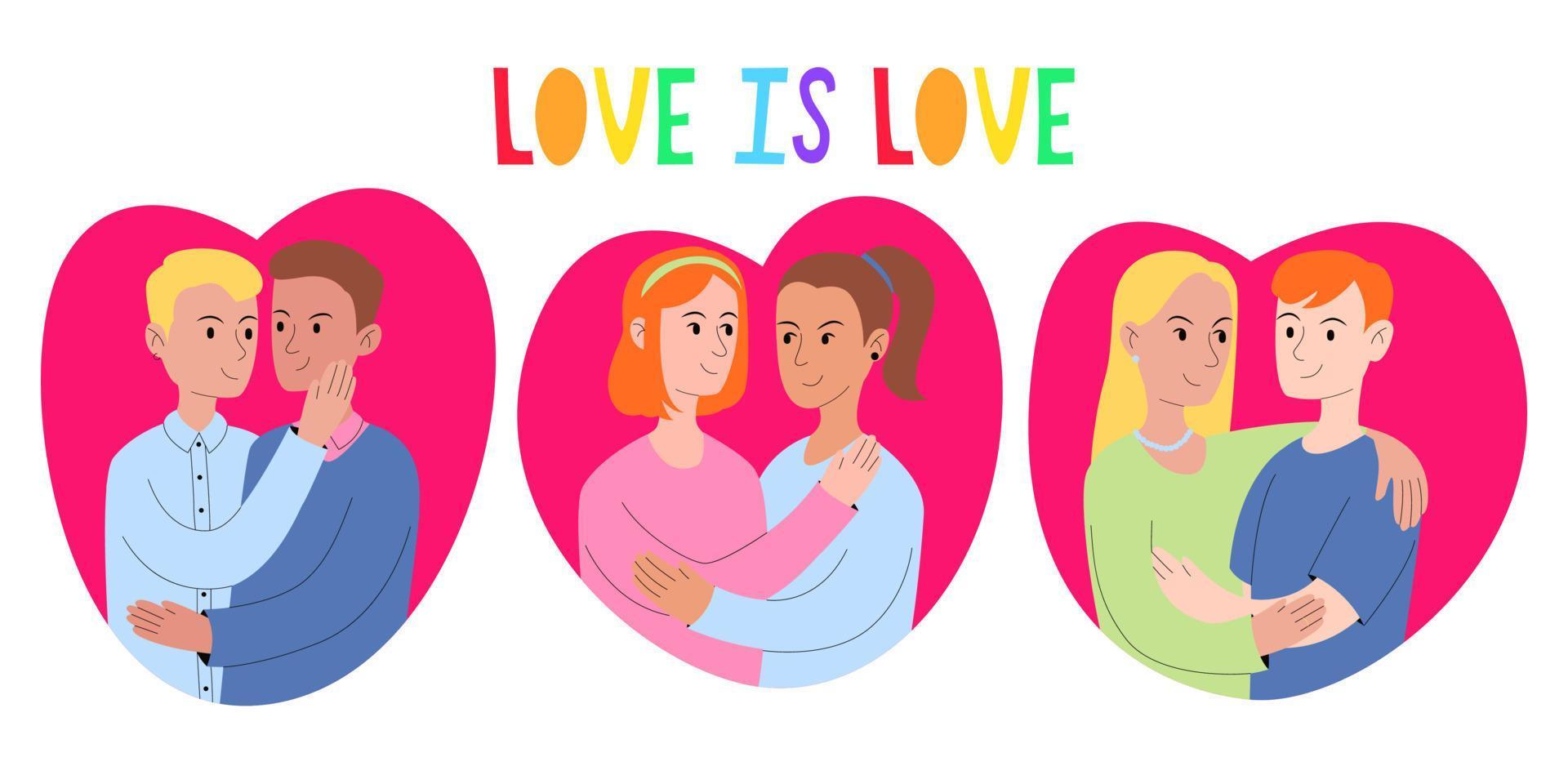 set di coppie omosessuali ed eterosessuali. varietà di orientamenti. lgbtq. abbraccio etero, gay e lesbico. inclusione. San Valentino. testo l'amore è amore. illustrazione vettoriale in stile piatto.