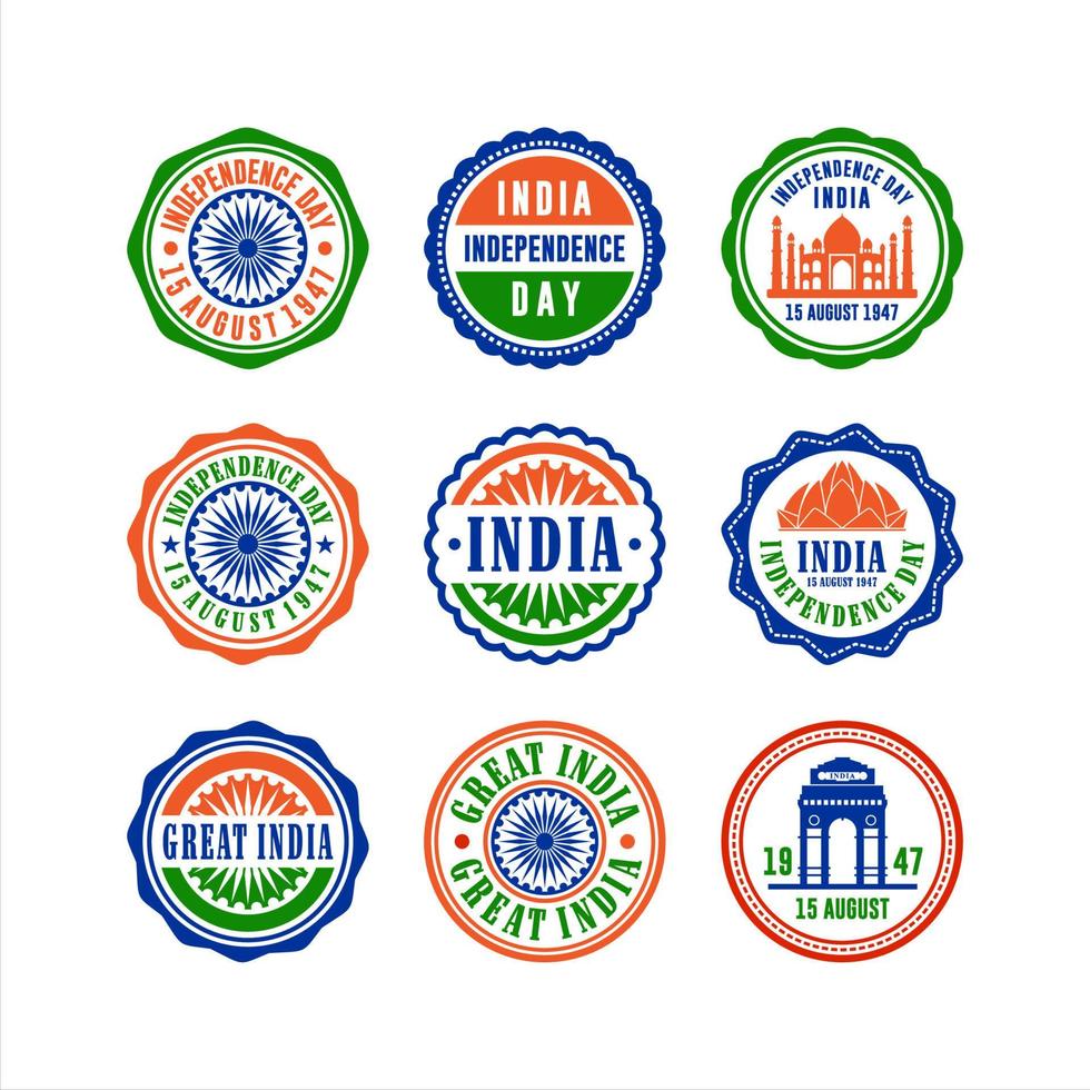 collezione di badge per il giorno dell'indipendenza piatta dell'india vettore
