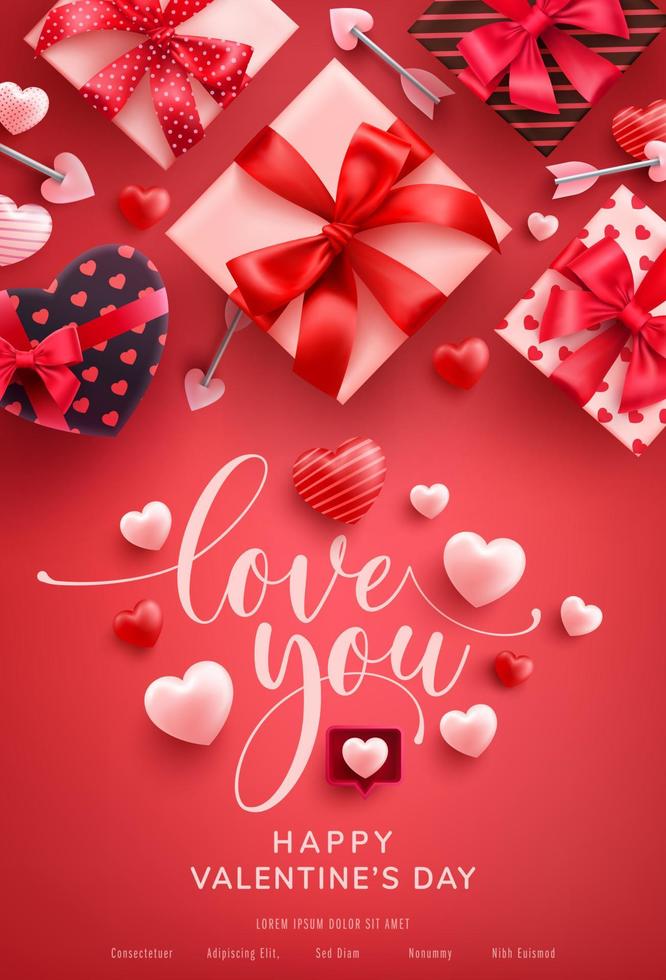 poster di san valentino con cuore carino e confezione regalo su sfondo rosso. modello di promozione e shopping per amore e concetto di san valentino. vettore